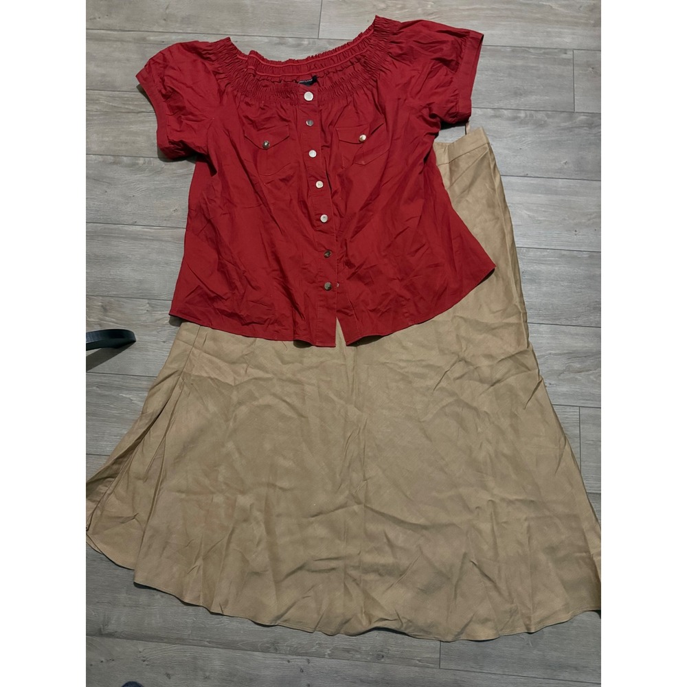 Ashley Stewart Red Off Shoulder Top & Tan Linen Blend Maxi Skirt Set Size 20/20W